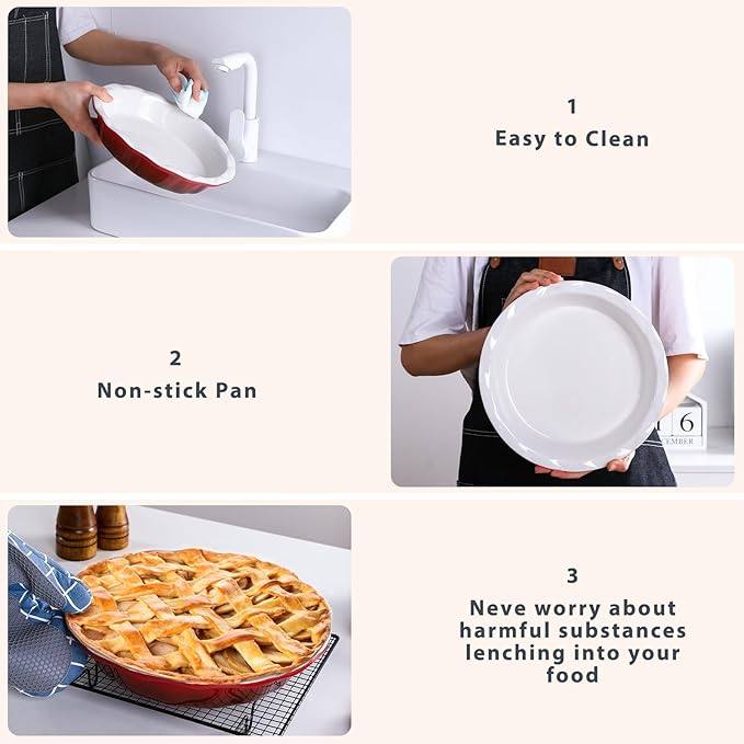 Lareina Deep Dish Pie Pan for Baking, 9 Inch Ceramic Fluted Pie Dish for Apple, Quiche, Pecan, Pot Pies, 53 Ounce Round Pie Plate, Set of 2, Red