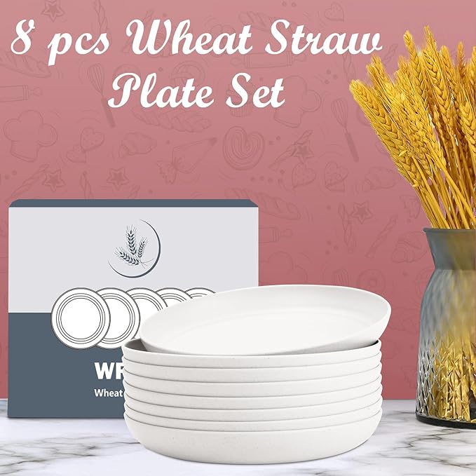 Wrova Wheat Straw Plates - 9 Inch Unbreakable Dinner Plates Set of 8 - Dishwasher & Microwave Safe Plastic Plates Reusable for Kitchen and Camping (white)