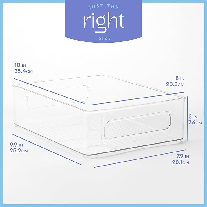 Plastic Food Storage 2 pack Clear Container Bin with Handles for Organizing Kitchen, Pantry, Refrigerator, Freezer, Pantry, Cabinet, Closet, Bathroom. Stackable 10”x8”x3”