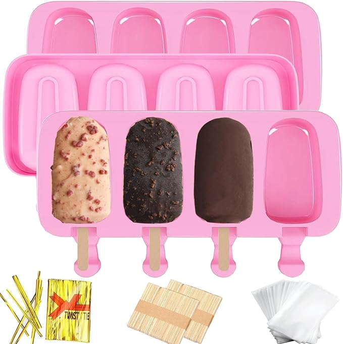 3pcs Large Silicone Popsicle Molds Set,BZIDII 4 Cavities Cake Pop Molds,Oval Ice Cream Bar Mold Ice Pop Cakesicle Molds Silicone with 100 Wooden Sticks & 100 Bags &100 Twist Ties(Pink)