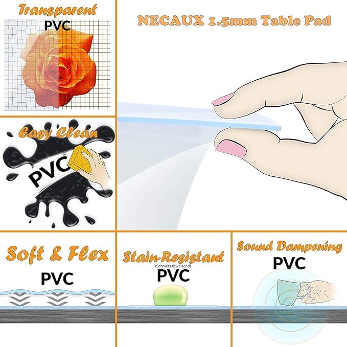 NECAUX Custom 27.6 x 59.1 Inch Clear Table Cover Protector, 1.5mm Thick Plastic Water Resistent Heavy Duty Desk Pad Mat Decorative Tablecloth Protector for Coffee Table, Sofa Table, Countertop
