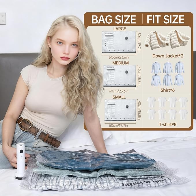 Vacuum Bags for Travel with Wireless Rechargeable Pump, 12 Pack Carry-on Size Compression Packing Seal Bags for Luggage and Suitcase, Space Saver Vacuum Storage Bags for Clothes and Clothing Travel ﻿