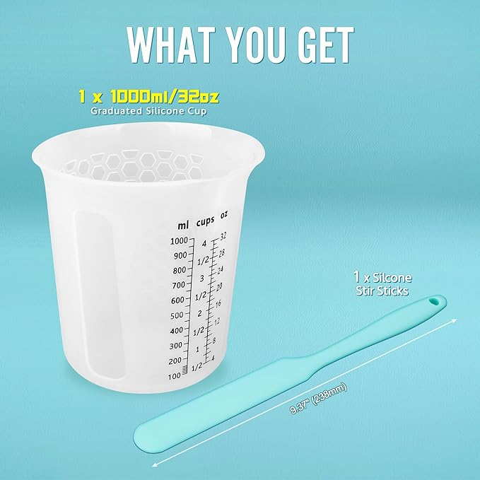 Silicone Resin Mixing 1L Measuring Cup Set for Resin Supplies, Easy-to-Read Marks, 1000ml/32oz Large Cup, Thickened Reusable Silicone Cups for Epoxy Mixing, Jewelry Making