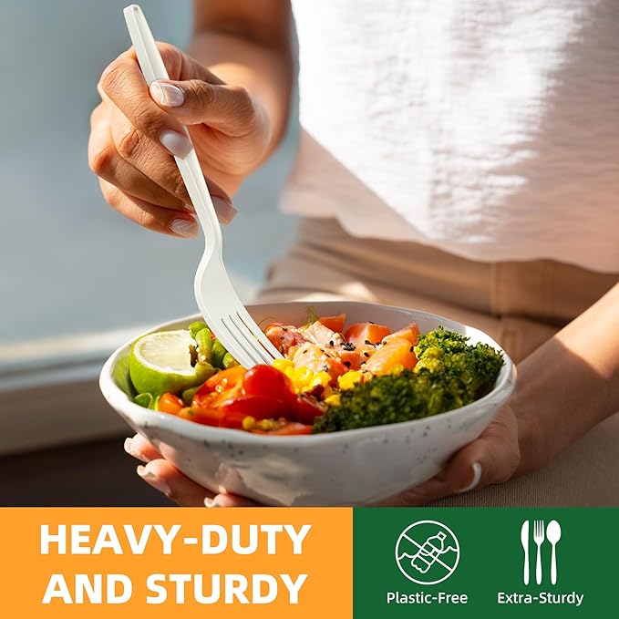 100% Compostable Fork, 7" 150pcs Disposable Cornstarch Forks Heavy Duty Cutlery BPI Certified Eco-Friendly Utensils Biodegradable Party Dinner Supplies No Plastic, Ivory White