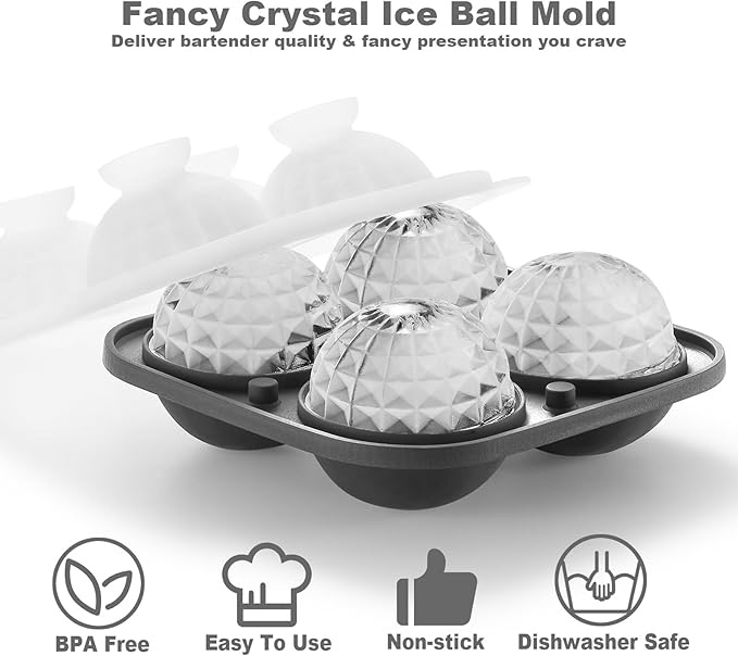 Nax Caki 3D Ball Crystal Ice Cube Tray, Large Ball Silicone Fun Shapes Whiskey Ice Mold with Funnel for Cocktails, Bourbon,Brandy, Whiskey Gifts for Men Black