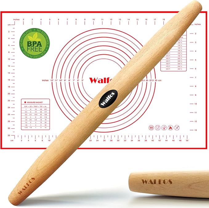 WALFOS French Rolling Pin and Silicone Baking Mat Set, Non-Stick Beech Wood Rolling Pin 17 Inch and Pastry Mat for Best Pie Crust, Cookie, Pasta and Pizza Dough