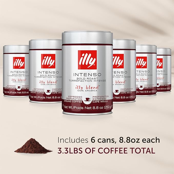 illy Ground Coffee Espresso - 100% Arabica Coffee Ground – Intenso Dark Roast – Warm Notes of Cocoa & Dried Fruit - Rich Aromatic Profile - Precise Roast - No Preservatives – 8.8 Ounce, 6 Pack