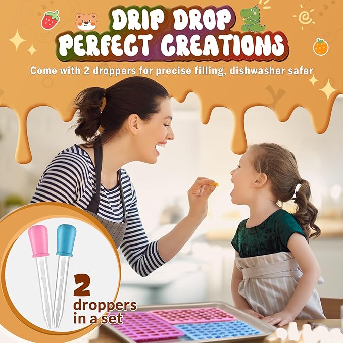Gummy Bear Molds Silicone Mini Size, Non-stick Chocolate Candy Gummy Mould for Kid with 2 Droppers Including Dinosaur, Bear, Hearts and Donut Shape 201 Cavities