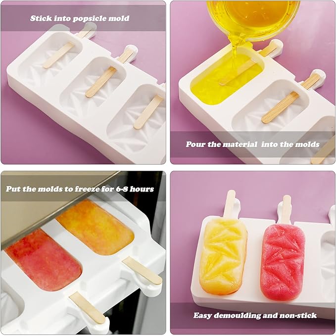 Sakolla 2 Pack Silicone Popsicle Molds, 4 Cavities Diamond Ice Cream Molds with 50 Wooden Sticks for Ice pop, Cake Pop, Cakesicles (White)