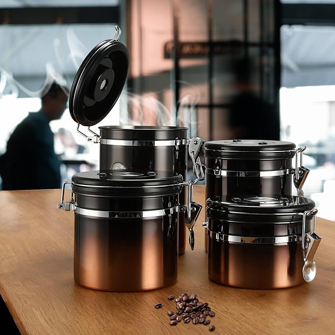 Coffee Canister, Airtight Coffee Container with Date Tracker Lid, Stainless Steel Canister for Kitchen Food Storage (Black-Copper, 16oz)