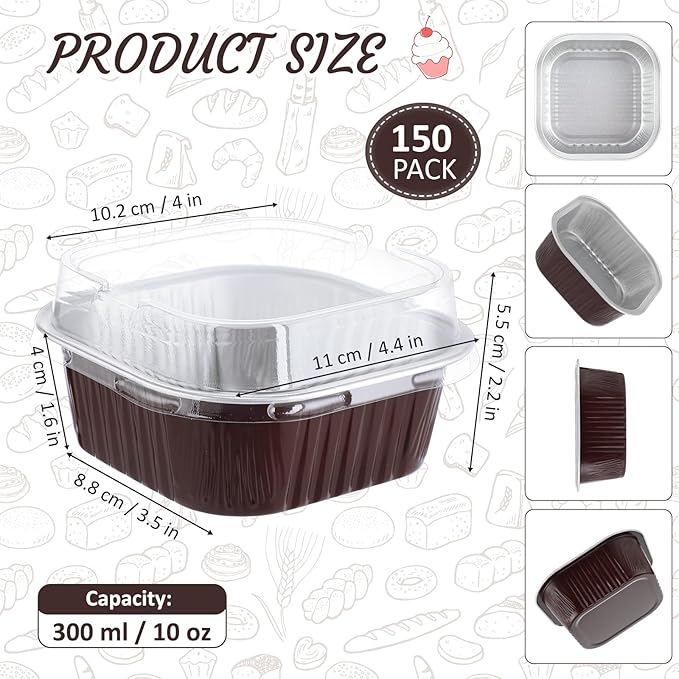 Aoriher 150 Pieces 10 oz Mini Cake Pans with Lids Aluminum Foil Baking Cups Square Disposable 4" x 4" Large Cupcake Cups Baking Tins for Kitchen Brownie Pudding Desserts Holders(Brown)