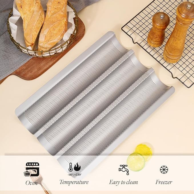 Hesanzol Baguette Pans for Baking 15" x 11", 3 Loaf Carbon Steel French Bread Pan Nonstick Perforated Baguette Baking Tray Silver