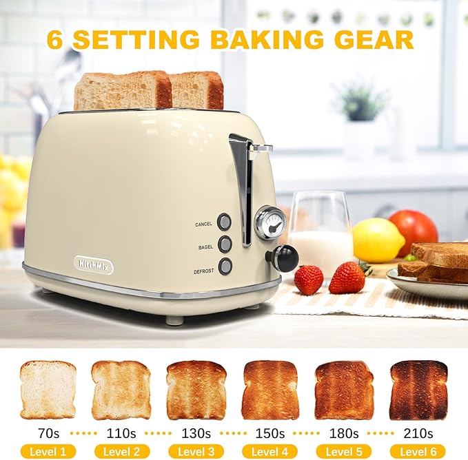 Toaster 2 slice, KitchMix Retro Stainless Steel Toaster with 6 Settings, 1.5 In Extra Wide Slots, Bagel/Defrost/Cancel Function, Removable Crumb Tray (Cream)