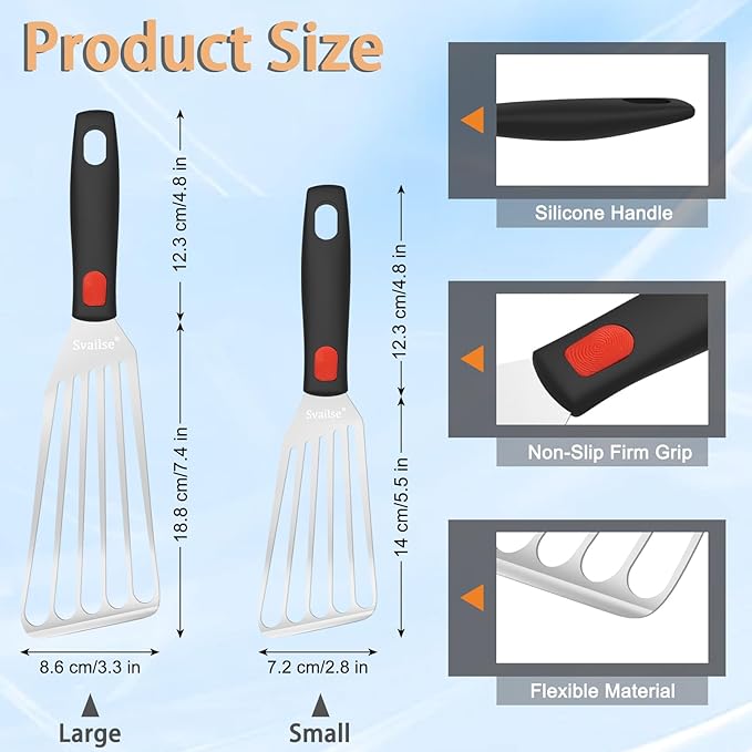 Fish Spatula Stainless Steel, Flexible Metal Spatulas with Silicone Handle, Slotted Turner for Kitchen, Cooking, Grilling, Flipping, Turning, Egg, Pancake and Burger (Small and Large)