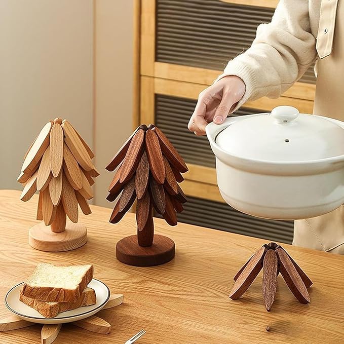 Natural Wood Tree Trivet Set, 𝐍atural Tree Trivet Set - 4 Wooden Trivets,4 Wooden 𝐓rivets & 1 Stand Like a Christmas Trees,for Hot Dish,Pot,Bowl,Teapot,Hot Pot Sets (Natural Wood 3 Trivets,2set)