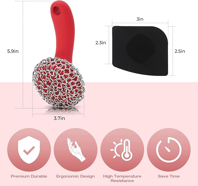 Cast Iron Scrubber with Long Handle | 316 Cast Iron Cleaner Chainmail Scrubber for Cast Iron Pan Skillet Cleaner - Dish Scouring Pad Dishwasher Safe Cleaning Kit (Red, 1 Scrubber + 1 Scraper)