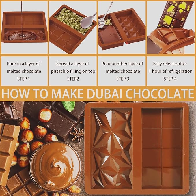 2 Pcs Dubai Chocolate Molds Silicone, 1 Inch Deep Chocolate Mold for Pistachio Chocolate Bar, Candy Bar Snack Baking Mold - 2 Different Shapes