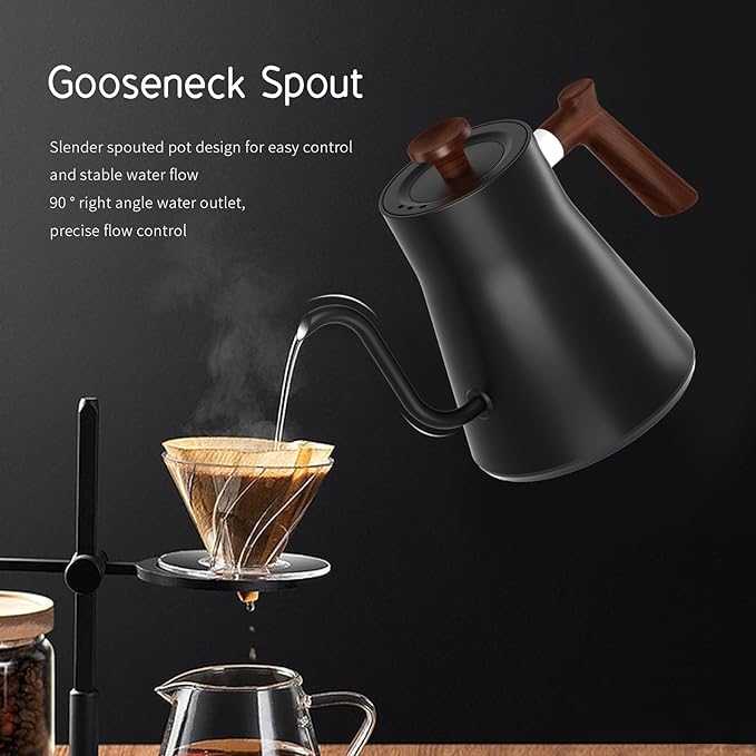 Gooseneck Electric Kettle,Electric Kettles, ±1℉ Temperature Control, Ultra-Quiet 304 Stainless Steel, for Coffee, Tea & Milk, Auto Boil Detection, 8 Safety Protections & Memory Function(Black，0.9L)