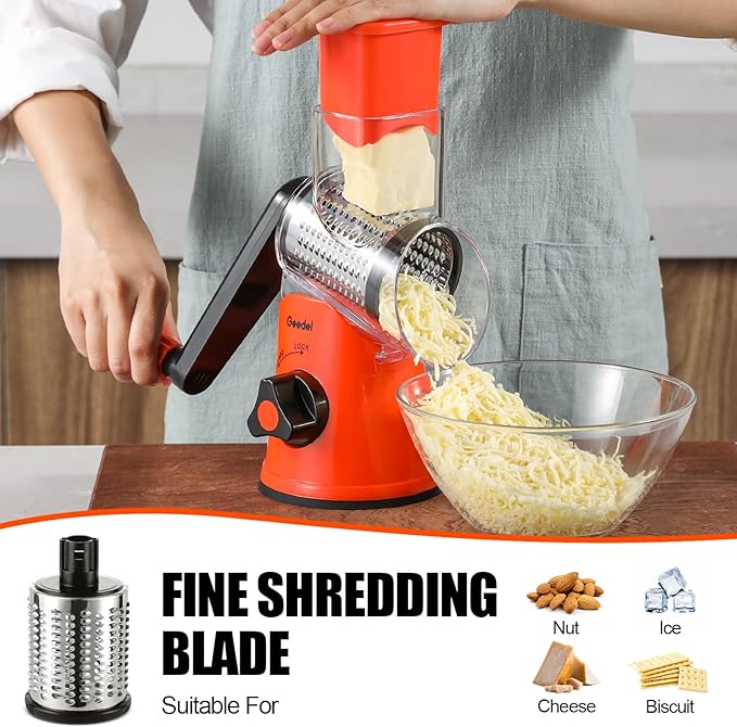 Geedel Rotary Cheese Grater, Kitchen Mandoline Vegetable Slicer with 3 Interchangeable Blades, Easy to Clean Rotary Grater Slicer for Fruit, Vegetables, Nuts