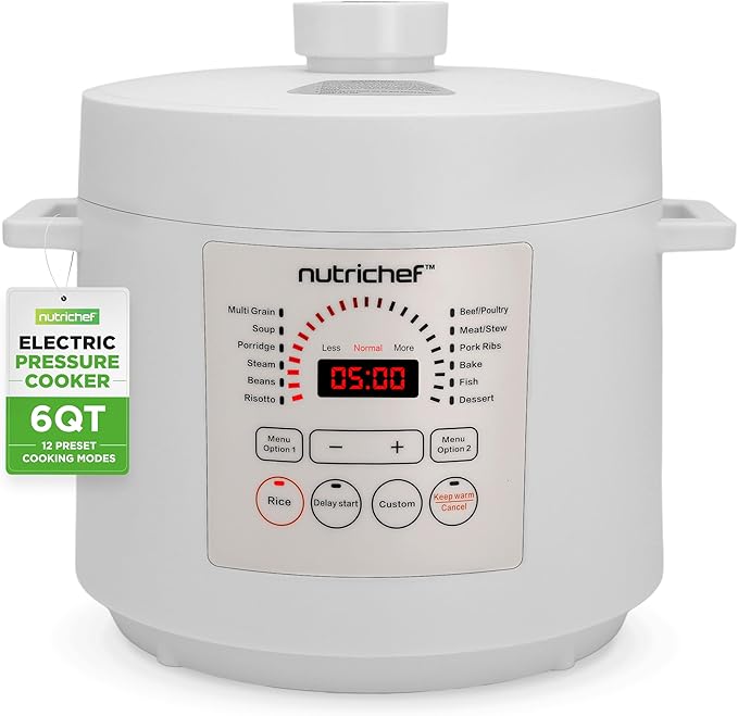 NutriChef Electric Pressure Cooker 6 Quart Capacity | 9 Function Digital Countertop Pressure Cooker | Adjustable Time & Temperature | Cook, Bake, Steam, & Braise | 13.1 x 11.4 IN | White