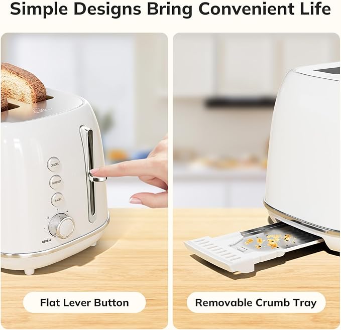 Keenstone Toaster 2 Slice, Retro Wide Slot Stainless Steel Toaster with 6 Browning Levels, Reheat & Defrost, for Bagel, Toast, Bread, Kitchen Essentials, Removable Crumb Tray, White