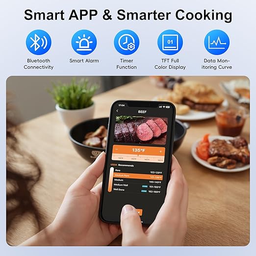 Wireless Bluetooth Meat Thermometer - 2 Probes & App Control, Birthday Gifts for Men, Smart Digital Thermometer for Cooking, Oven, Smoker, BBQ, Grill