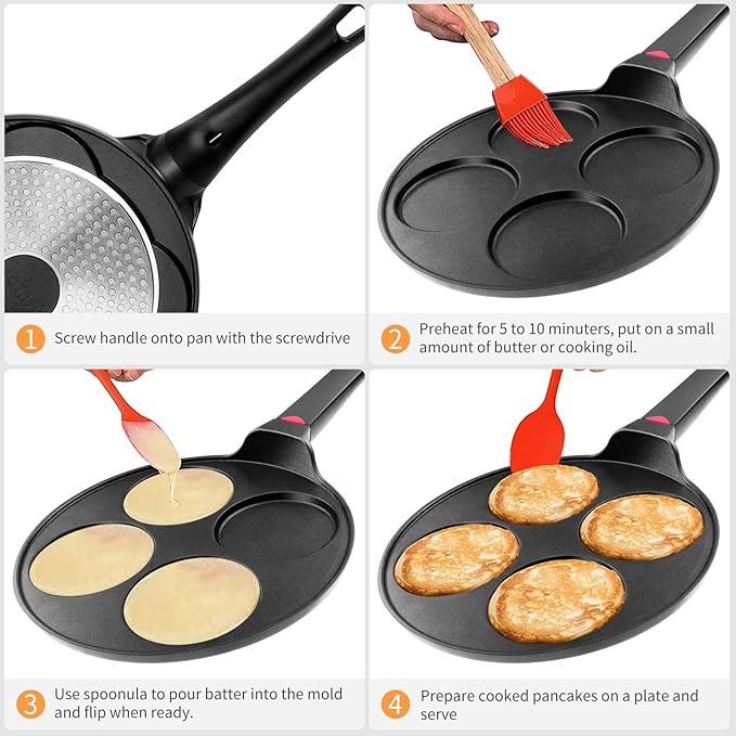 Pancake Pan Nonstick-Suitable for All Stovetops & Induction Cooker, 10.5 Inch Mini Silver Dollar Grill Blini Griddle Crepe Pan, 4 Molds Cake Egg Skillet, 100% PFOA Free Coating