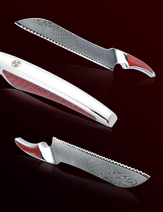 8 inch Serrated Bread Knife, Japanese VG-10 Damascus Steel Kitchen Knife, Ultra Sharp Bread Cutting Knife with Full-tang Handle in Red Resin, LA-S9 Series