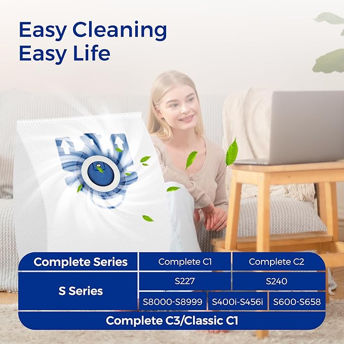 Vacuum Cleaner Bags Fit for Miele Classic C1 Complete C1 C2 C3 S227 S240 S270 S400 S2 S5 S8 Series, Include 9 Packs 3D Efficiency Airclean Bags with 3 Motor Protection Filters and 3 AirClean Filters
