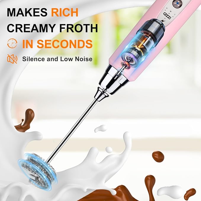 YUSWKO Pink Handheld Milk Frother Wand with Stand for Coffee, Rechargeable Electric Whisk with 3 Heads 3 Speeds Drink Mixer Coffee Frother For Latte, Cappuccino, Hot Chocolate, Egg