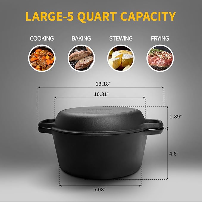 2-in-1 Pre-Seasoned Cast Iron Dutch Oven Pot with Skillet Lid Cooking Pan, Cast Iron Skillet Cookware Pan Set with Dual Handles, Indoor Outdoor for Bread/Frying/Baking/Camping/BBQ, 5 Qt