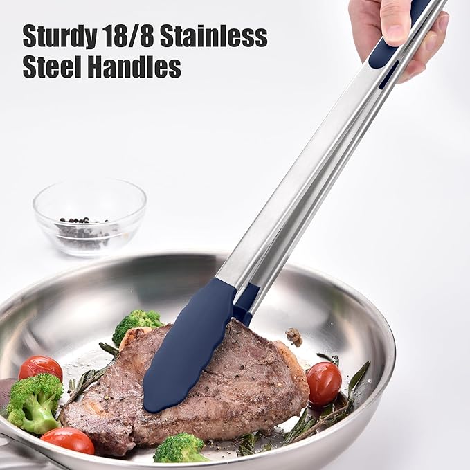 Doosu Kitchen Tongs for Cooking - 600°F Heat Resistant Food Tong with Non-Scratch Silicone Tips, Heavy Duty Stainless Steel Locking Tong for BBQ, Grilling Steak, Serving Salad Pasta (16in, Navy Blue)