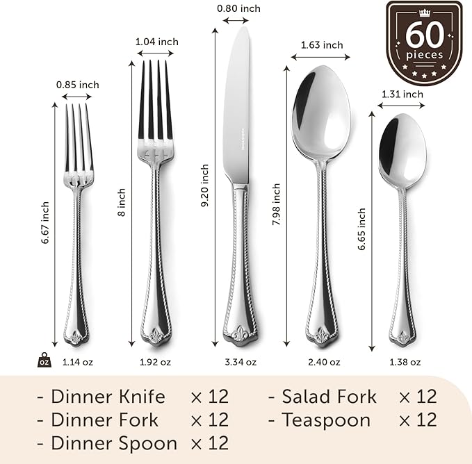 KINGSTONE Silverware Set, 60-piece 18/10 Stainless Steel Flatware Set Cutlery Set for 12, for Kitchen, Home, Wedding, Party, Mirror Polished and Dishwasher Safe, Featured Gifts