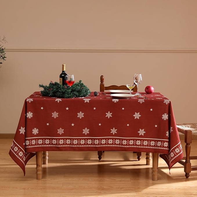 ISAENNE Designer Christmas Red Small Rectangular Tablecloth,Linen Table Cloth with Snowflakes Pattern,Wrinkle Resistant Decor Tablecloths for Dining Kitchen Thanksgiving Christmas,55"*71"-Carol C