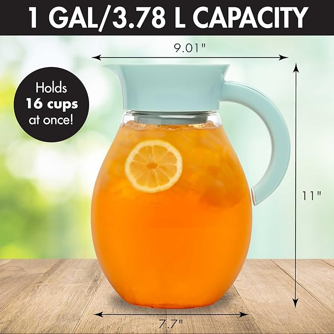 Primula The Big Iced Tea Maker and Infuser, Plastic Beverage Pitcher with Leak Proof, Airtight Lid, Fine Mesh Reusable Filter, Made without BPA, Dishwasher Safe, Aqua