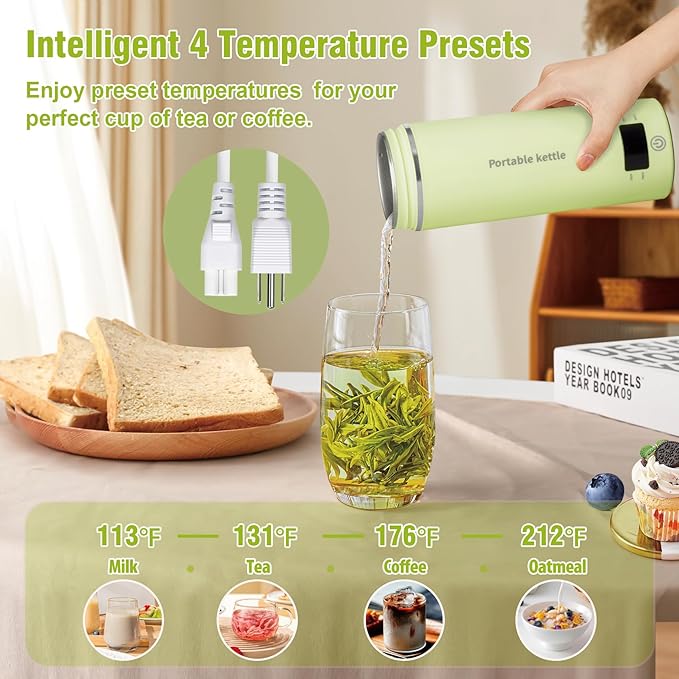 Travel Electric Kettle Portable Mini Kettle,Small Hot Water Boiler with 4 Temperature Settings,304 Stainless Steel,Fast Boiling Water with Auto Shut-Off and Boil Dry Protection,400ml (Green, 400ML)
