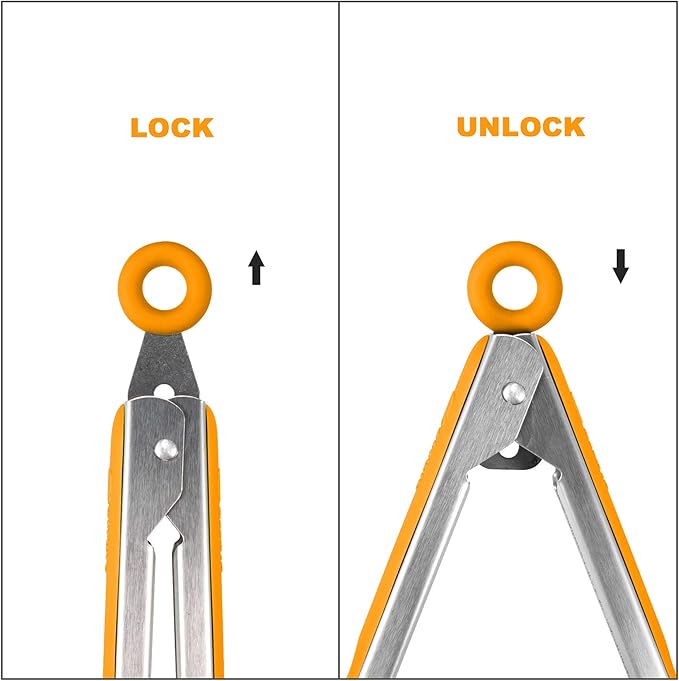 304 Stainless Steel Kitchen Cooking Tongs, 9" and 12" Set of 4 Sturdy Grilling Barbeque Brushed Locking Food Tongs with Ergonomic Grip, Orange