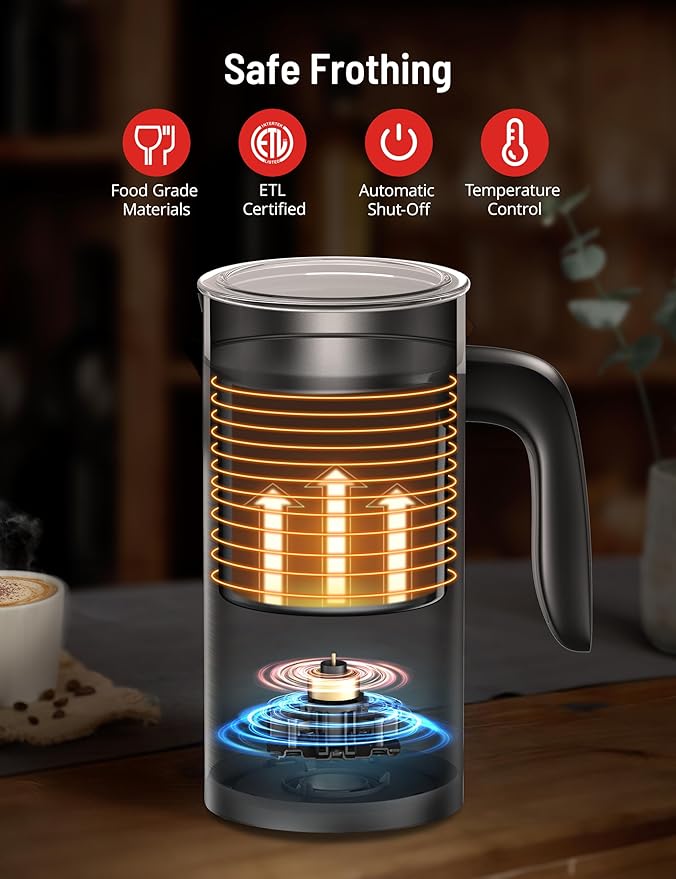 Milk Frother, Airyoyo 4-in-1 Milk Frother with Stand, Electric Milk Frother and Steamer Hot& Cold Foam Temperature Control, Auto Shut-Off Frother for Coffee Latte