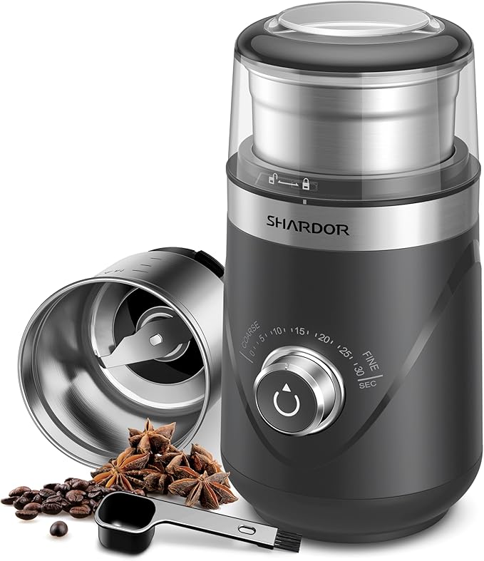 SHARDOR Electric Super Silent Blade Coffee Grinder, Timed Grind Control Rotary Knob, Adjustable Coarse to Fine for Coffee Beans, Spices & Herbs, with 1 Removable Stainless Steel Bowl,Light Gray
