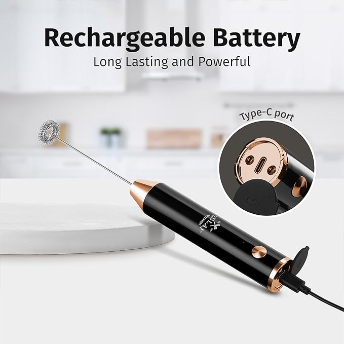 Zulay Kitchen Lux Rechargeable Milk Frother Handheld - Powerful 2-Speed Motor, Fully Waterproof, 2000mAh Battery - Drink Mixer For Latte, Cappuccino, Matcha, Protein Powder - Black Copper