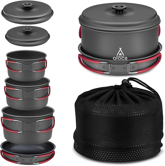 Alocs Camping Cookware Set Camping Gear, Compact Camping Pots and Pans Set, Durable Hard Alumina Camping Cooking Set for Outdoor Backpacking Camping Hiking Picnic, Included Mesh Carry Bag