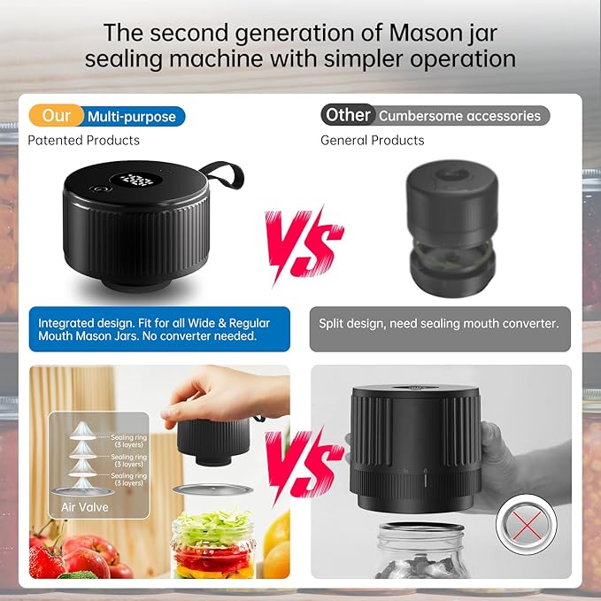 Electric Mason Jar Vacuum Sealer Kit, 3-in-1 Handheld Automatic Vacuum Sealer for Mason Jars, Canning Sealer Machine for Jars, Containers, Vacuum Bags | Present for Mom, Black