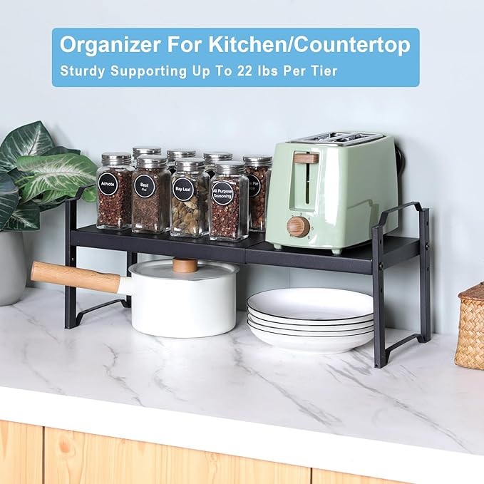 2 Pack Expandable Cabinet Countertop Shelves, Stackable Shelves Organizers For Kitchen Cabinet Countertop Storage, Adjustable Counter Cupboard Pantry Organizer Shelf Rack Stand, Length:20.5"