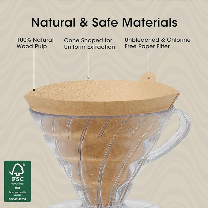 V60 Coffee Filters 02, ONIOU Unbleached Size 02 Cone Coffee Filters, 100 Count Natural Brown Pour Over Paper Filters for Hario V60 & Others 1–4 Cup Coffee Dripper - Package May Vary