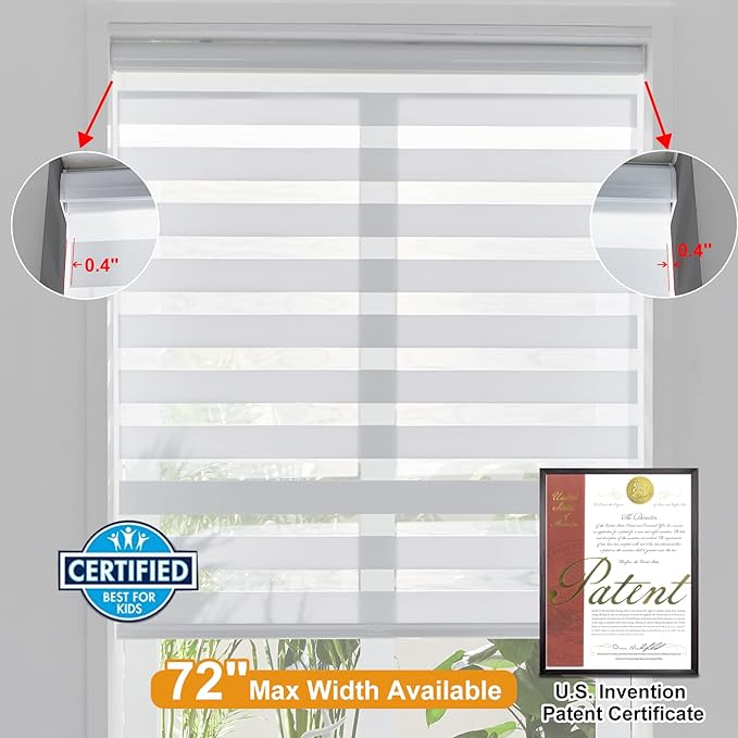 Persilux Zebra Blinds for Windows, Cordless Roller Shades Window Treatments (17" W x 72" H, White) Light Filtering Dual Layer Roller Window Shades Sheer Shades for Home and Office