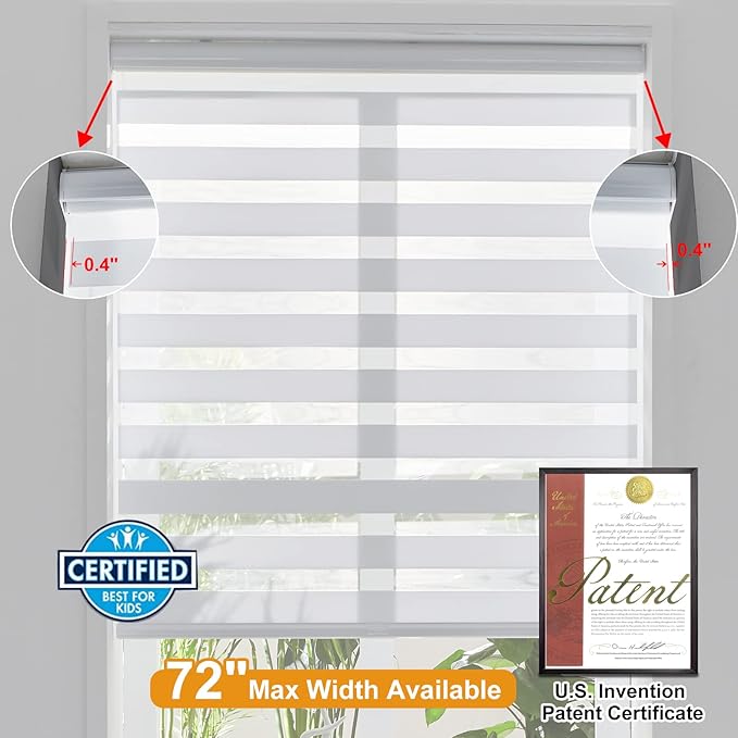 Persilux Cordless Zebra Blinds for Windows Shades (18" W x 47" H, White) Dual Layer Fabric Light Control for Day and Night Room Darkening Sheer Roller Shades for Home, Bedroom and Office