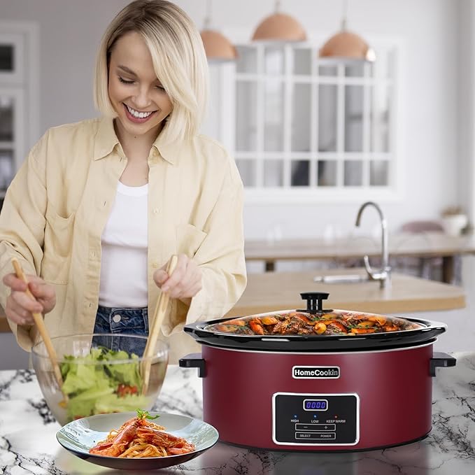 HOMECOOKIN 6 Quart Programmable Slow Cooker, Kitchen Appliances, Perfect Kitchen Small Appliance for Family Dinners, Red Stainless Steel