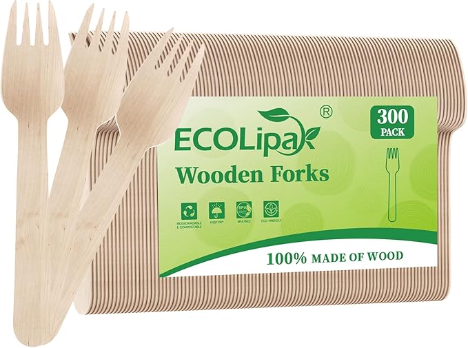 ECOLipak 300 Count Wooden Forks Disposable, Wooden Disposable Compostable Forks for Eating, Party, Camping, Traveling, Family Dinners