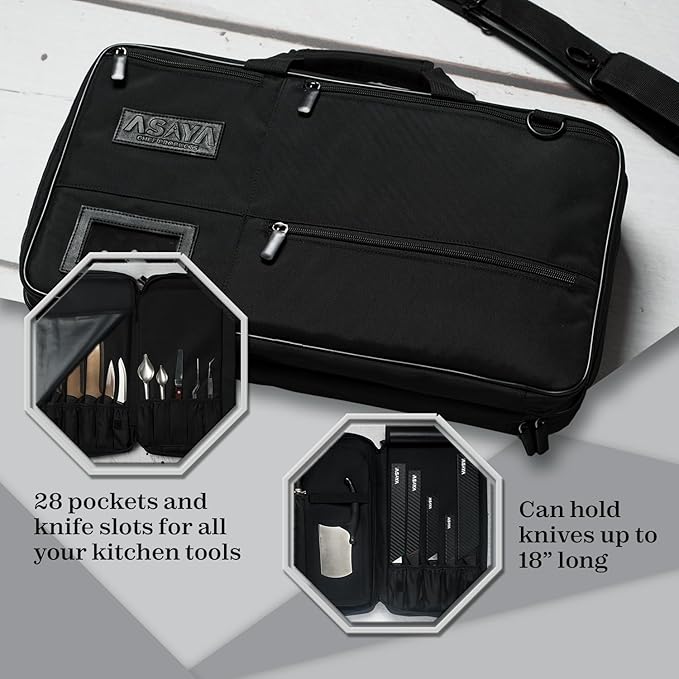 Asaya Chef Knife Bag - 28 Pockets for Knives and Kitchen Utensils - Durable Ballistic Nylon, Black Stainless Steel Hardware, Card Holder and Adjustable Shoulder Strap - Knifes not Included (Black)