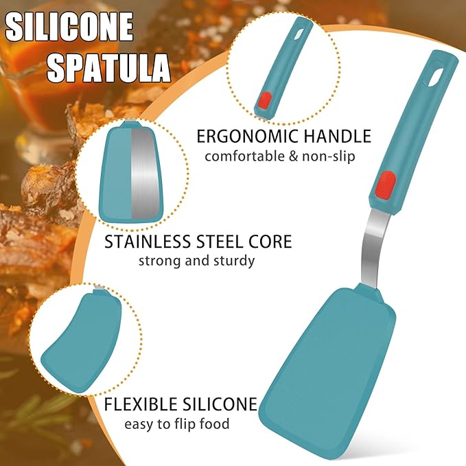 Beijiyi Silicone Spatula Turner Set of 3, 600°F Heat Resistant Nonstick Turner Spatulas for Kitchen Use, Large Flexible Silicone Cooking Utensils Rubber Spatula Set for Egg, Pancake, Fish (Blue)